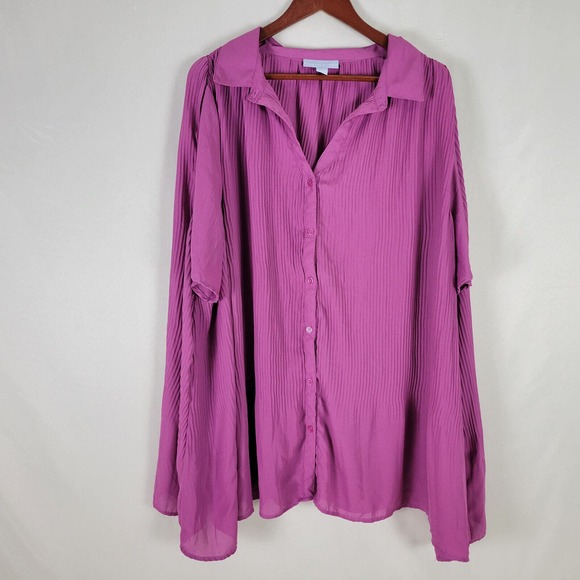 Only Necessities Shirt Womens 2XL Fuscia Ribbed Top Short Sleeve Button Down‎ - Picture 1 of 8